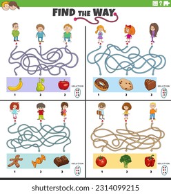 Cartoon illustration of find the way maze puzzle games set with children characters and food objects
