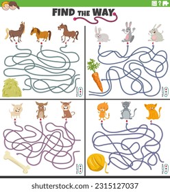 Cartoon illustration of find the way maze puzzle games set with animal characters and their favorite food