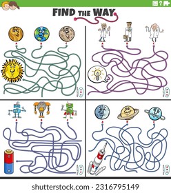 Cartoon illustration of find the way maze puzzle games set with comic characters