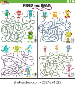 Cartoon illustration of find the way maze puzzle games set with comic robots and aliens characters