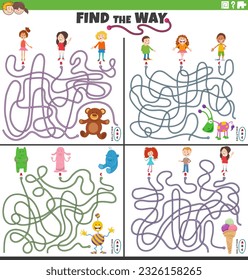 Cartoon illustration of find the way maze puzzle games set with comic children characters