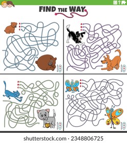 Cartoon illustration of find the way maze puzzle games set with comic animal characters