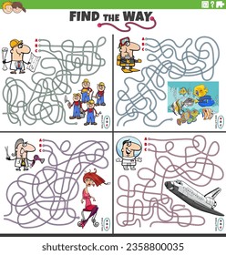 Cartoon illustration of find the way maze puzzle games set with people characters and their occupations