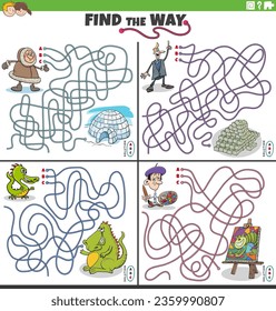 Cartoon illustration of find the way maze puzzle games set with people and fantasy characters