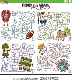 Cartoon illustration of find the way maze puzzle games set with people characters and their occupations