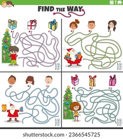 Cartoon illustration of find the way maze puzzle games set with Santa Claus on Christmas time with children