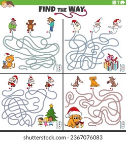 Cartoon illustration of find the way maze puzzle games set with Christmas characters