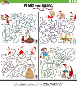 Cartoon illustration of find the way maze puzzle activities set with Santa Claus on Christmas time with children