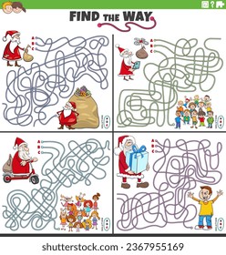 Cartoon illustration of find the way maze puzzle games set with Santa Claus on Christmas time with children