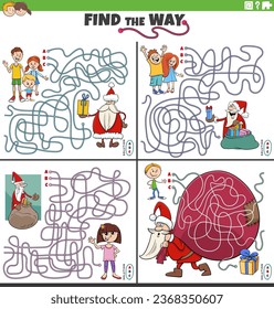 Cartoon illustration of find the way maze puzzle activities set with Santa Claus on Christmas time with children