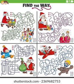 Cartoon illustration of find the way maze puzzle games set with Santa Claus on Christmas time with children