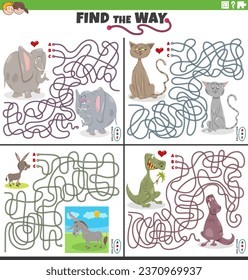 Cartoon illustration of find the way maze puzzle activities set with funny animal characters
