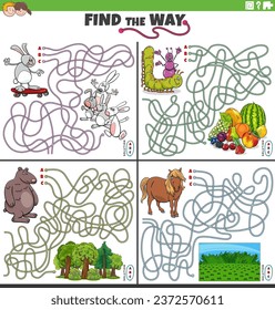Cartoon illustration of find the way maze puzzle activities set with animal characters