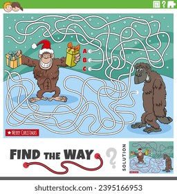 Cartoon illustration of find the way maze puzzle activity with chimpanzee and gorilla animal characters on Christmas time