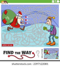 Cartoon illustration of find the way maze puzzle activity with Santa Claus character with sack of gifts on Christmas time