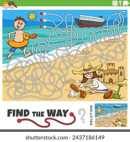 Cartoon illustration of find the way maze puzzle activity with children on vacation by the sea