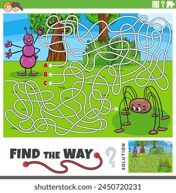 Cartoon illustration of find the way maze puzzle activity with ant and spider insects animal character