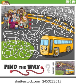 Cartoon illustration of find the way maze puzzle activity with people group and bus