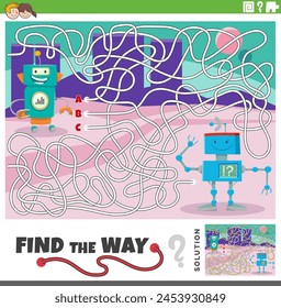 Cartoon illustration of find the way maze puzzle activity with funny robots characters