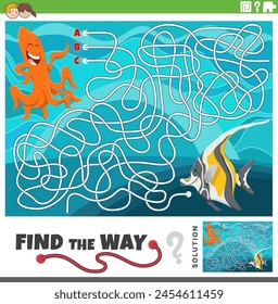 Cartoon illustration of find the way maze puzzle activity with funny marine life animal characters