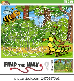 Cartoon illustration of find the way maze puzzle activity game with bee and caterpillar insects animal characters