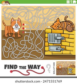 Cartoon illustration of find the way maze puzzle activity game with cats animal characters
