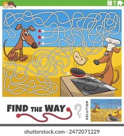 Cartoon illustration of find the way maze puzzle activity game with dogs animal characters