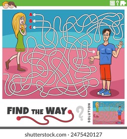 Cartoon illustration of find the way maze puzzle activity game with girl and guy characters