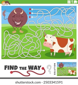 Cartoon illustration of find the way maze puzzle activity game with bull and cow farm animal characters