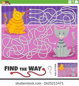 Cartoon illustration of find the way maze puzzle activity game with two cats animal characters