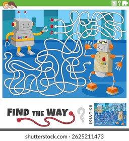 Cartoon illustration of find the way maze puzzle activity game with two robots characters