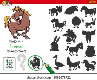 Cartoon Illustration of Finding All Horses Shadows Educational Activity for Children