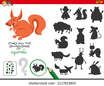 Cartoon Illustration of Finding All The Shadows of Squirrels Educational Game for Children