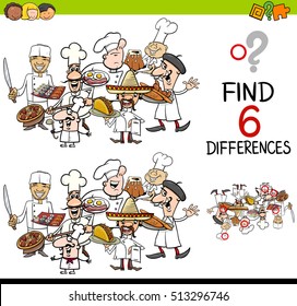 Cartoon Illustration of Finding the Difference Educational Activity for Children with Cook Characters