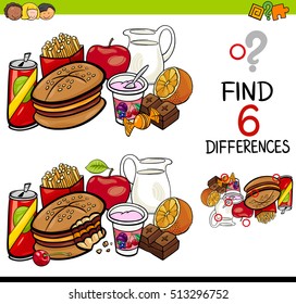 Cartoon Illustration of Finding the Difference Educational Activity for Children with Food Objects
