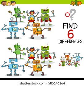 Cartoon Illustration of Finding the Difference Educational Activity for Children with Fantasy Robot Characters
