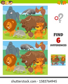 Cartoon Illustration of Finding Differences Between Pictures Educational Game for Children with Happy Wild Animal Characters