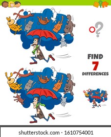 Cartoon Illustration of Finding Differences Between Pictures Educational Game for Children with "Raining like Cats and Dogs" Proverb