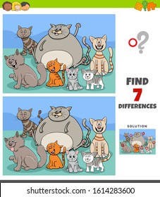 Cartoon Illustration of Finding Differences Between Pictures Educational Game for Children with Funny Cats Characters Group