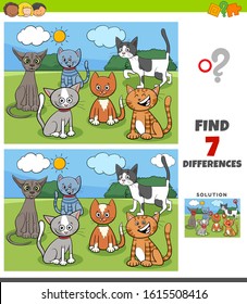 Cartoon Illustration of Finding Differences Between Pictures Educational Game for Children with Cats Characters Group