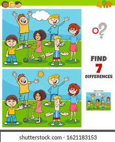 Cartoon Illustration of Finding Differences Between Pictures Educational Game for Children with Kids and Teens Characters Group
