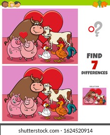 Cartoon Illustration of Finding Differences Between Pictures Educational Game for Children with Funny Farm Animal Characters in Love on Valentines Day