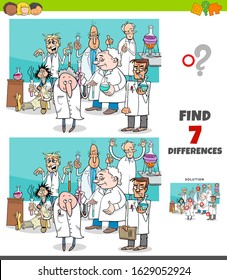 Cartoon Illustration of Finding Differences Between Pictures Educational Game for Children with Scientist Characters Group in Laboratory