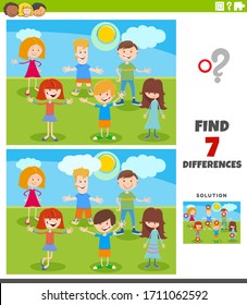 Cartoon Illustration of Finding Differences Between Pictures Educational Task for Children with Funny Kid Characters Group