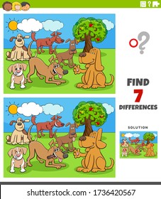 Cartoon Illustration of Finding Differences Between Pictures Educational Task for Children with Dog Characters Group