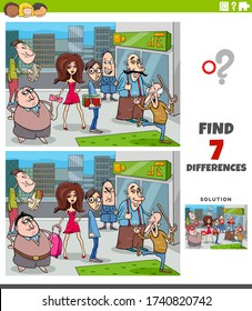 Cartoon Illustration of Finding Differences Between Pictures Educational Task for Children with People Characters Group