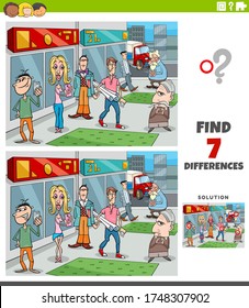 Cartoon Illustration Of Finding Differences Between Pictures Educational Task For Children With People Characters Group In The City