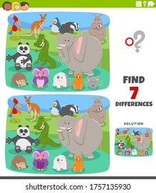 Cartoon Illustration of Finding Differences Between Pictures Educational Task for Kids with Funny Animal Characters Group