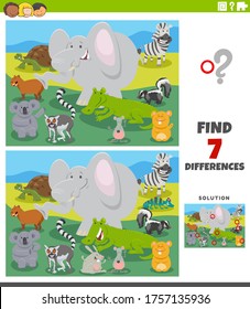 Cartoon Illustration of Finding Differences Between Pictures Educational Task for Kids with Wild Animal Characters Group