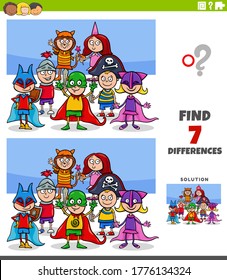 Cartoon Illustration of Finding Differences Between Pictures Educational Game for Kids with Comic Children Group at Costume Party